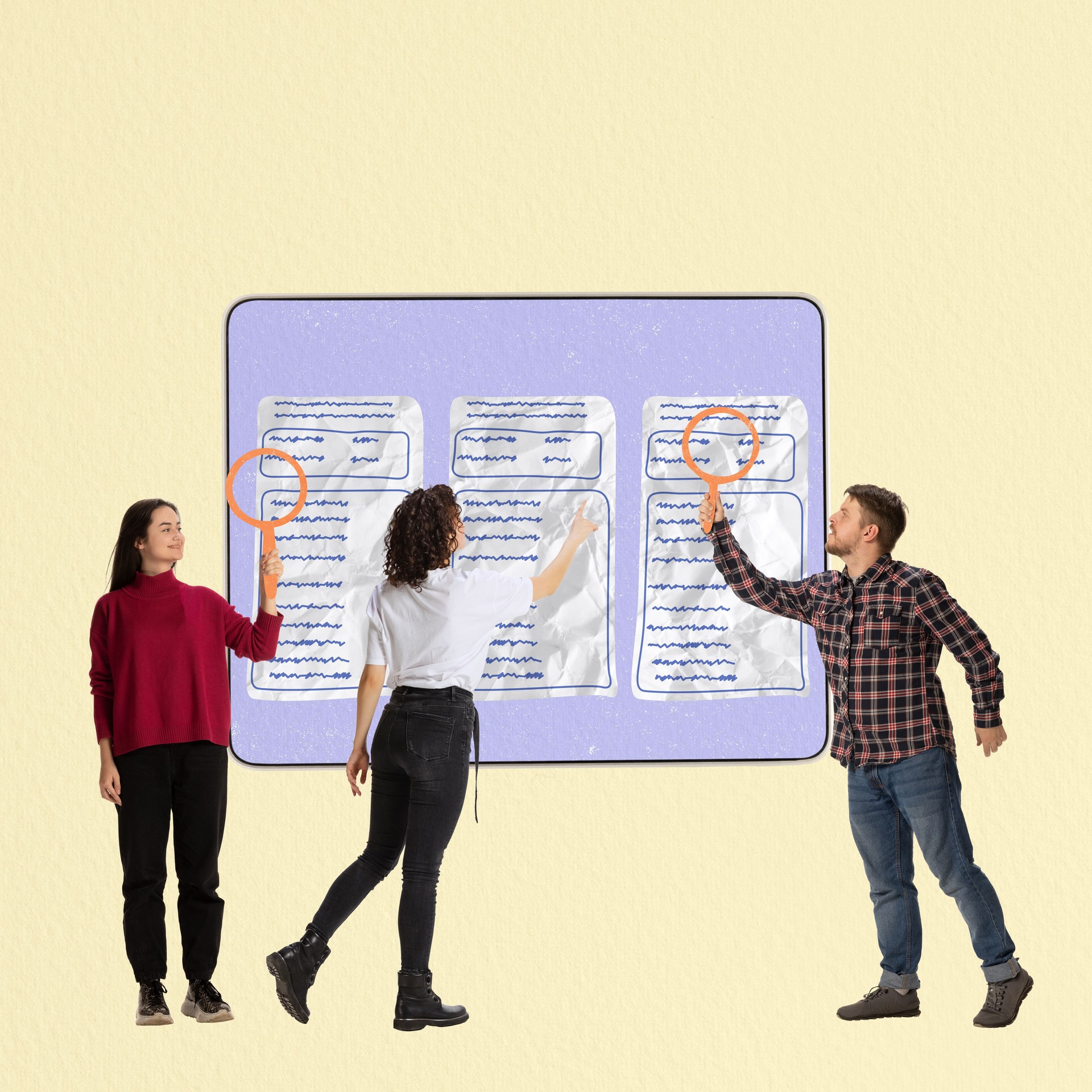 Contemporary art collage of three people, job applicants looking for a position